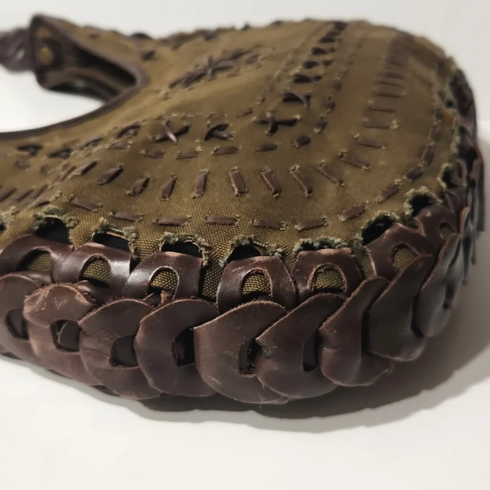 RARE! Cortefiel Canvas & Leather Hobo Shoulder Bag Sage Green & Brown